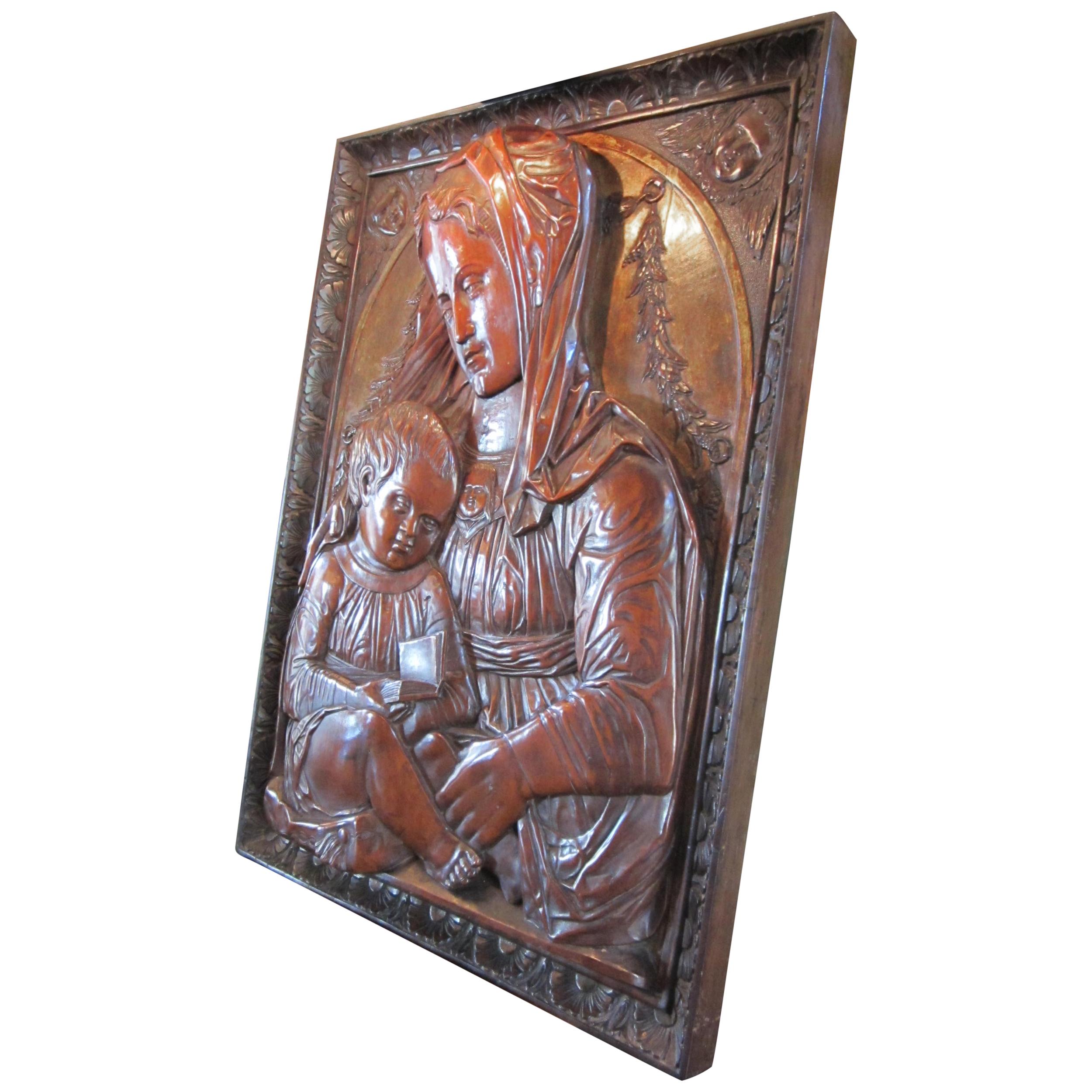 Carved Fruitwood Plaque of Virgin and Child Madonna, after Donatello Sculpture