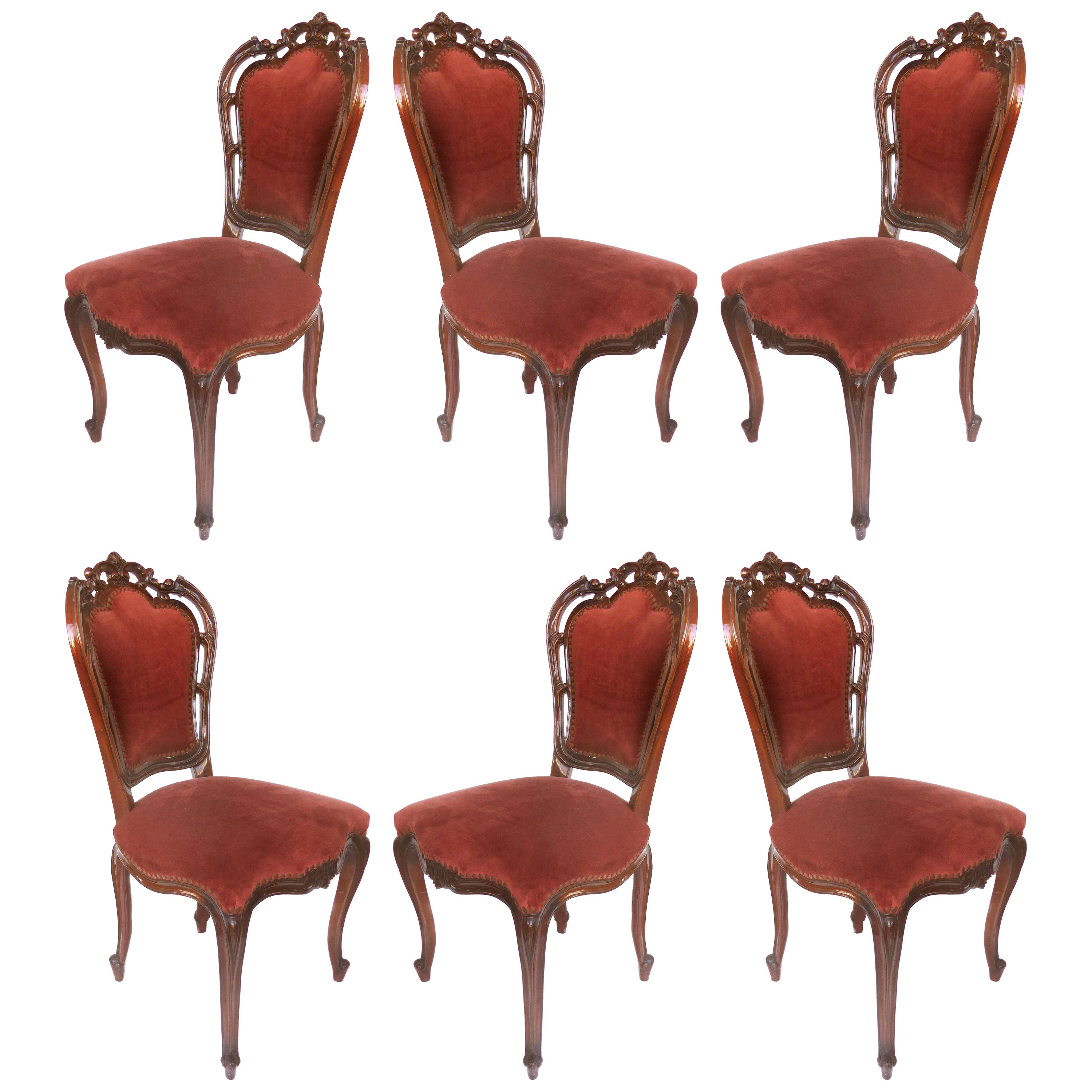 Louis XV Style Mahogany Dining Chairs with Carved Pierced Backs, Set of Six