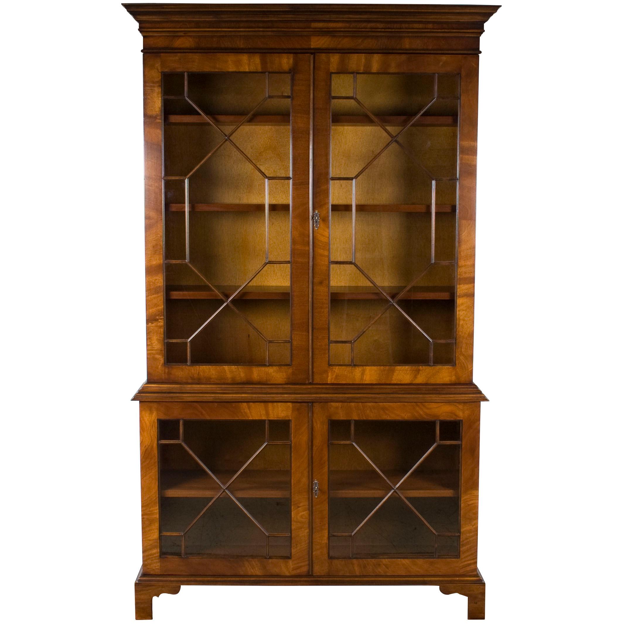 Mahogany Breakfront Glass Door Adjustable Bookcase Cabinet For Sale