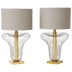 Pair of Large Italian Sciolari Style Chrome and Brass Table Lamps