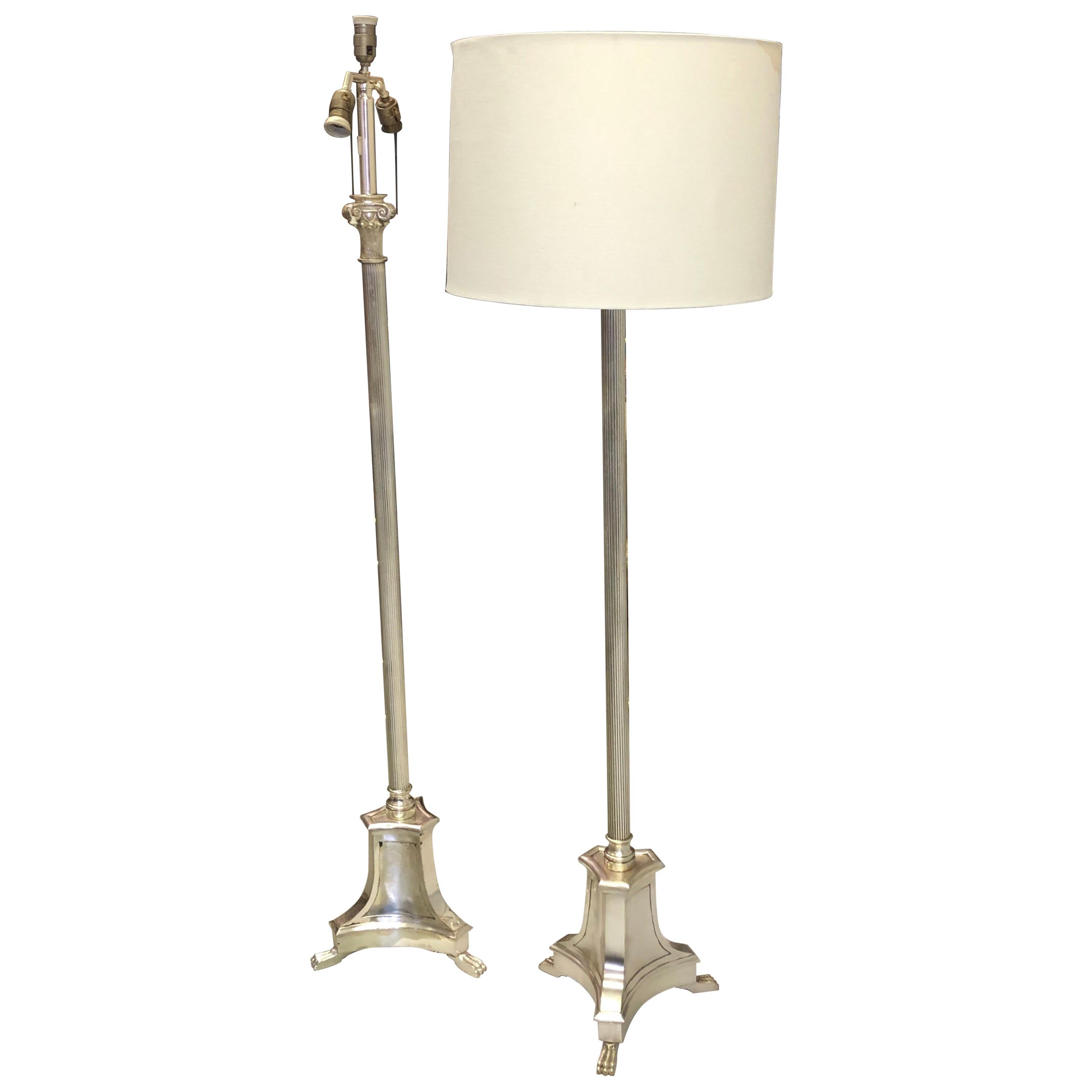 Pair of Modern Neoclassical Silver Floor Lamps Attributed to Andre Arbus, 1935 For Sale