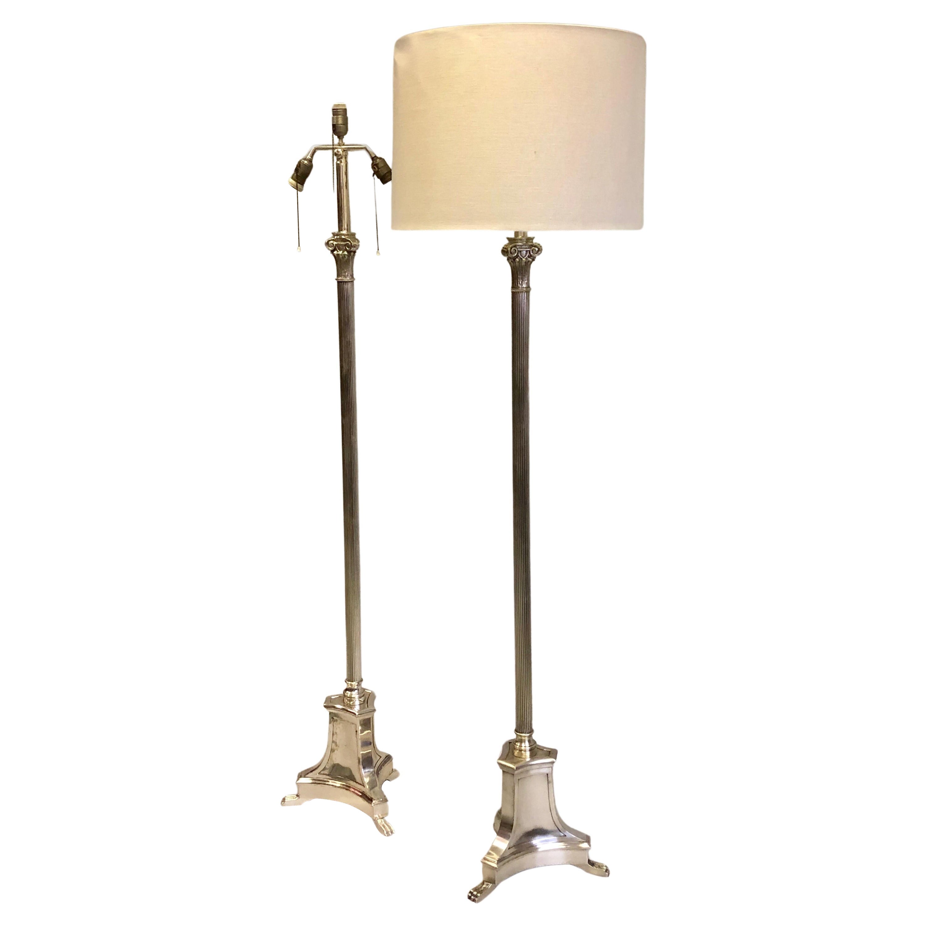 Pair of French Modern Neoclassical Silver Floor Lamps Attr. to Andre Arbus, 1935