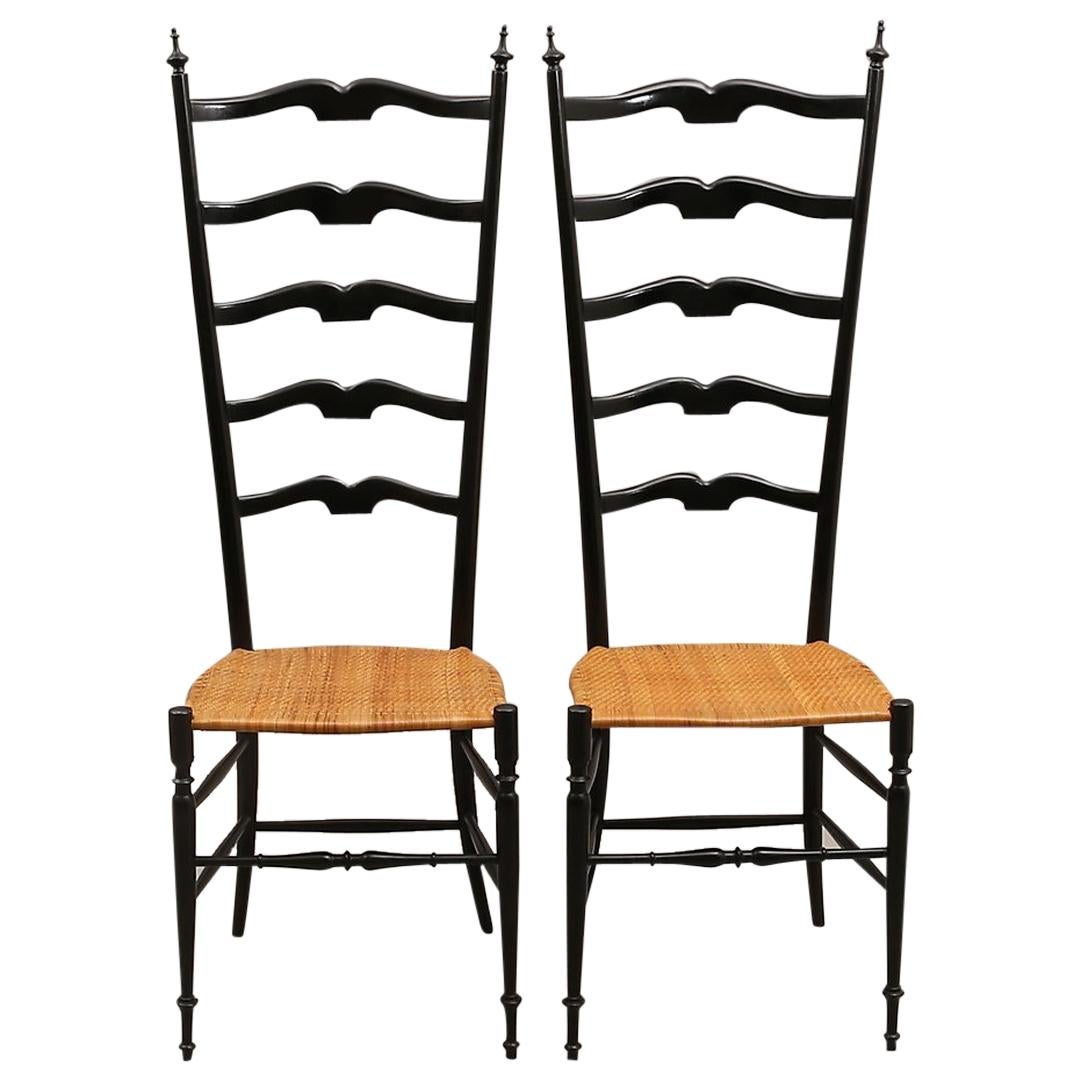 Pair of Midcentury High Back Ebonized Chiavari Chairs