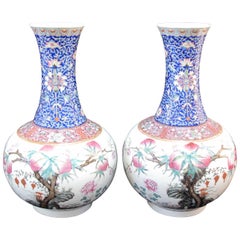 Pair of Antique Chinese Famille Rose Longevity Vases, Late Qing Dynasty