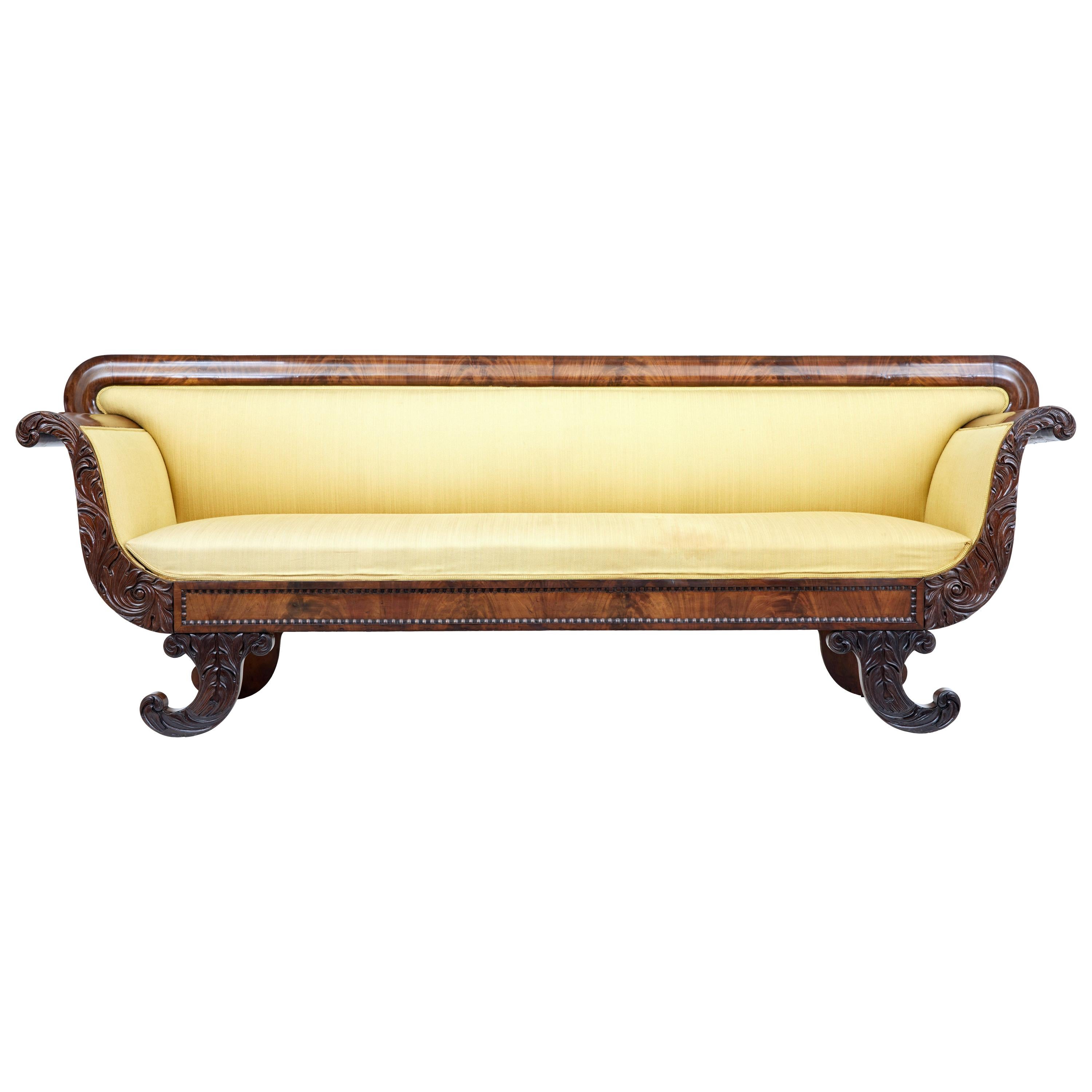 19th Century Carved Flame Mahogany Swedish Sofa