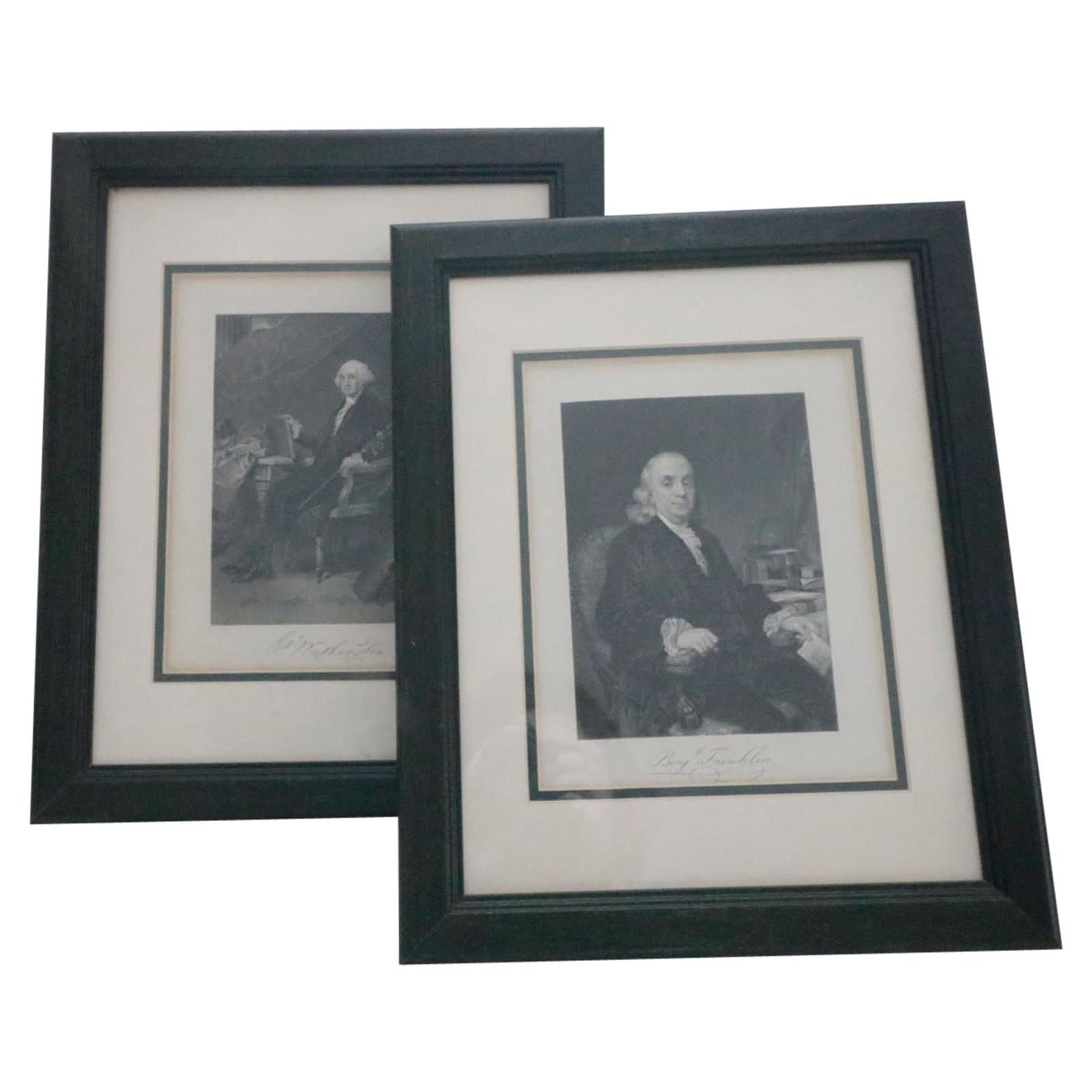 Pair of Black and White Regal Prints, George Washington and Ben Franklin For Sale