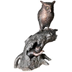 Japanese Antique Bronze Perched Owl , Tree & Friend Original Signed Box