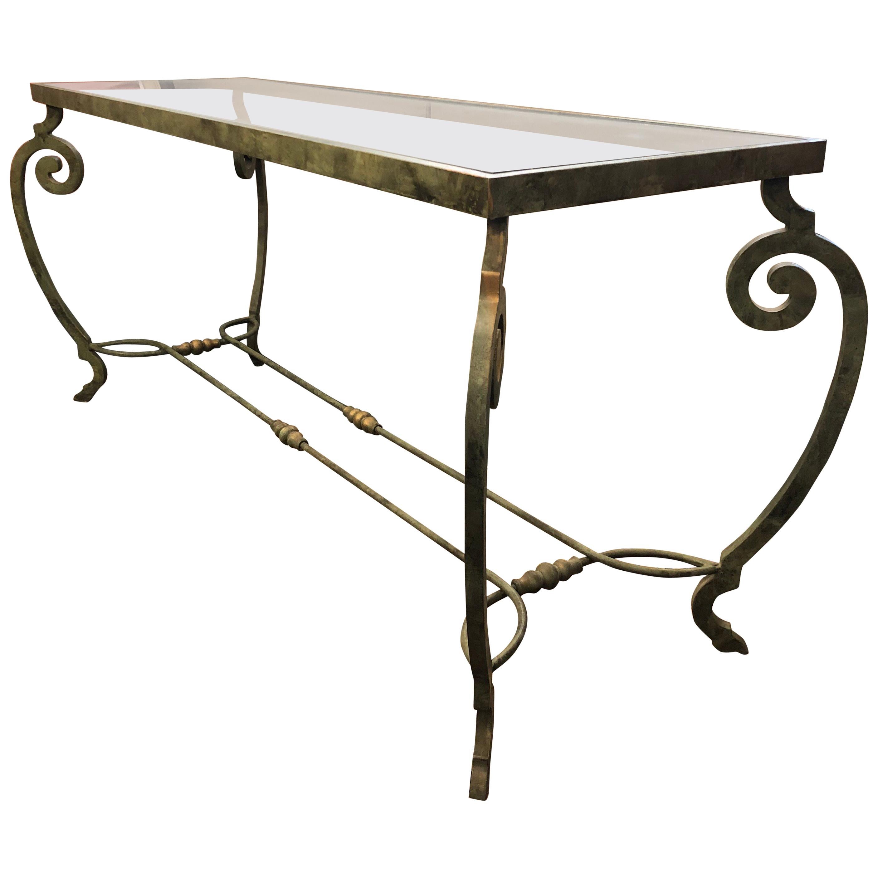 Verdigris Metal and Glass Console For Sale