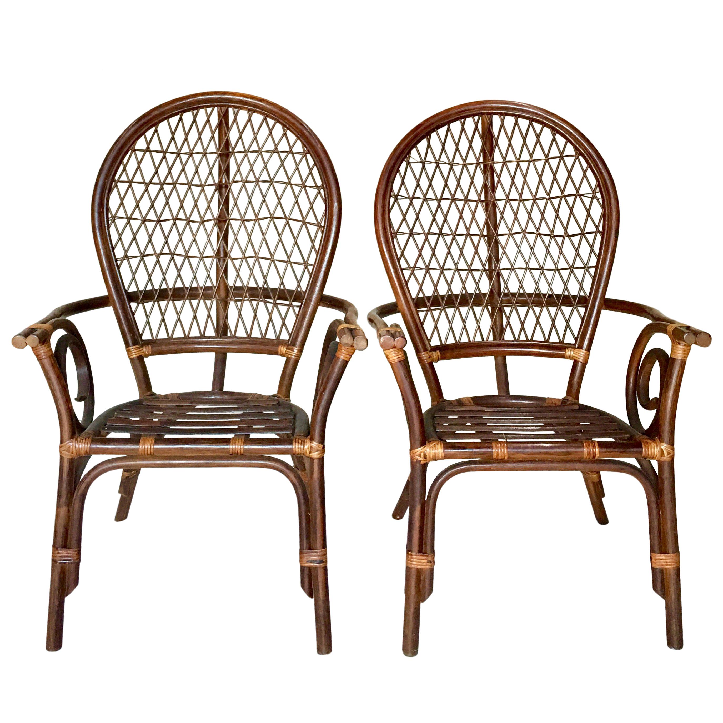 20th Century Pair of Bent Rattan and Wicker High Back "Balloon" Armchairs