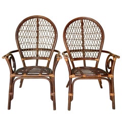 20th Century Pair of Bent Rattan and Wicker High Back "Balloon" Armchairs