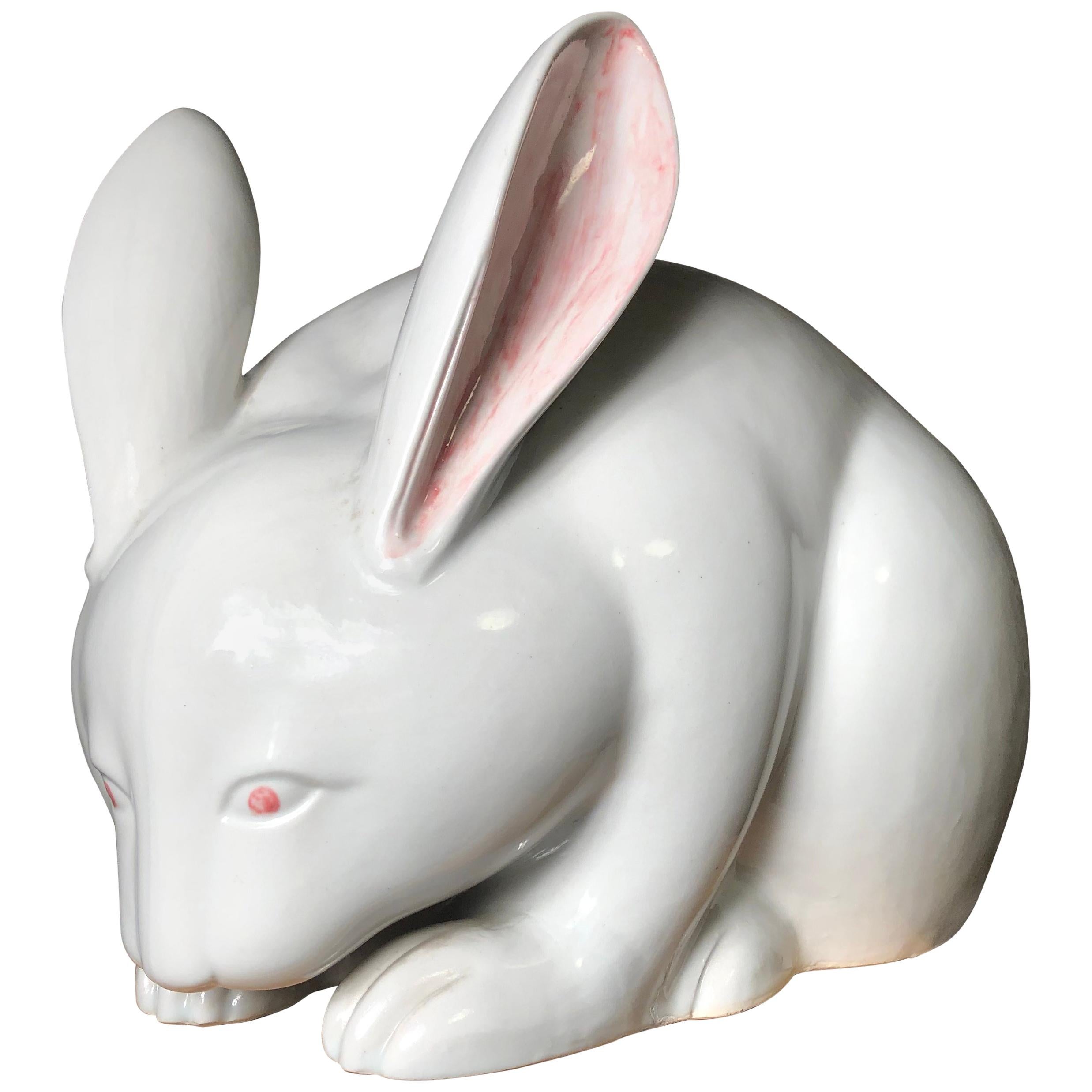 Japanese Massive Pure White Rabbit Sculpture, Long, Signed Kutani, 1940s