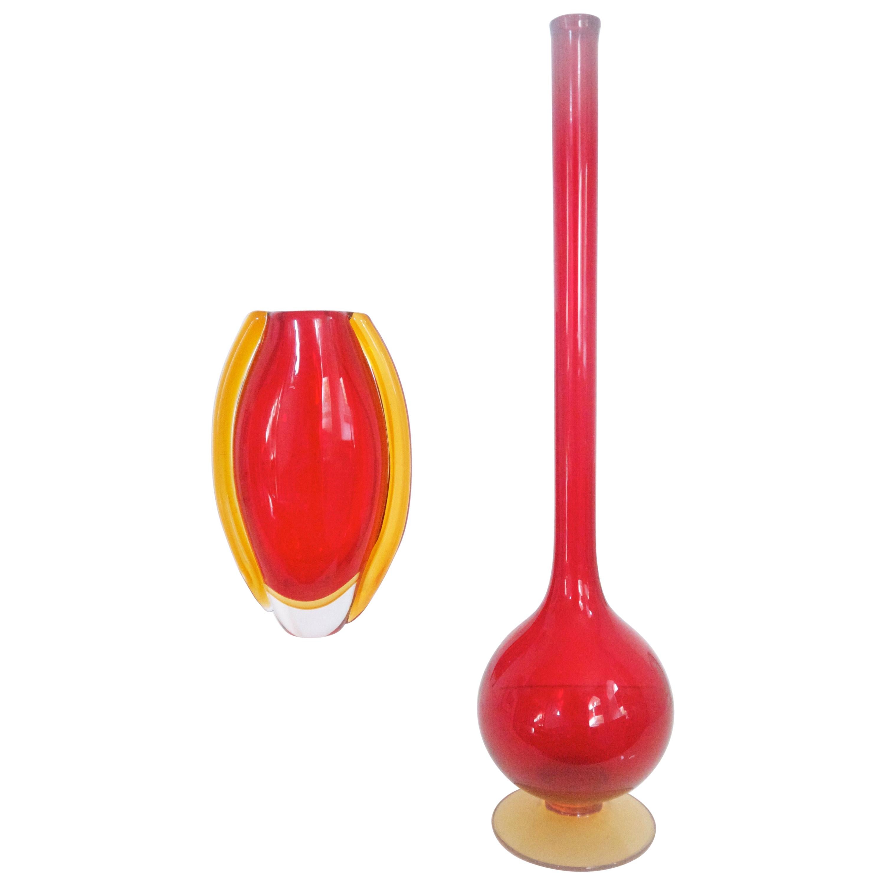 Red Glossy Pencil Vase by Carlo Morretti with Murano Vase Flavio Poli 1960 For Sale