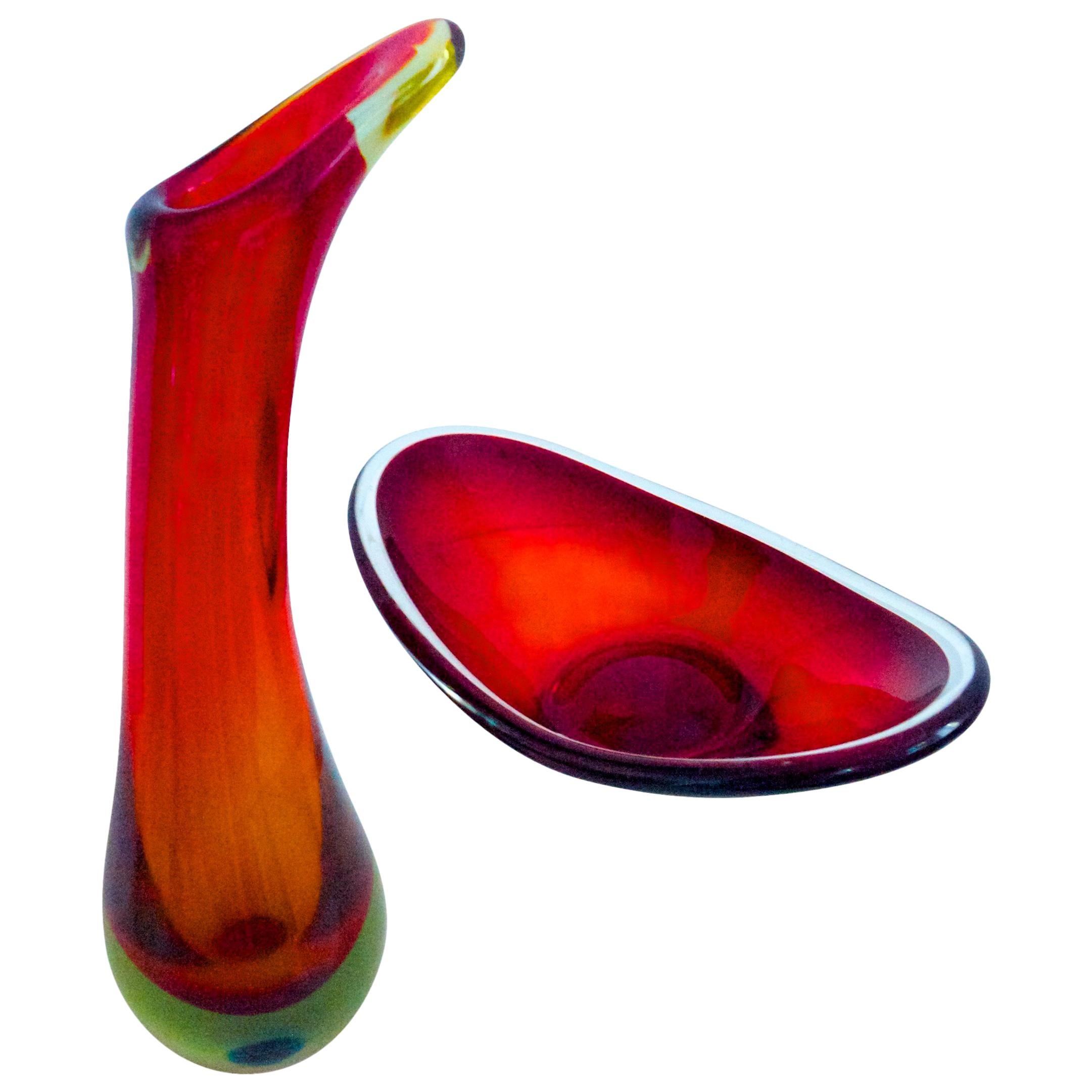 Italian Modernist Murano Sommerso Vase by Flavio Poli with Dish For Sale