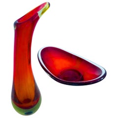 Italian Modernist Murano Sommerso Vase by Flavio Poli with Dish