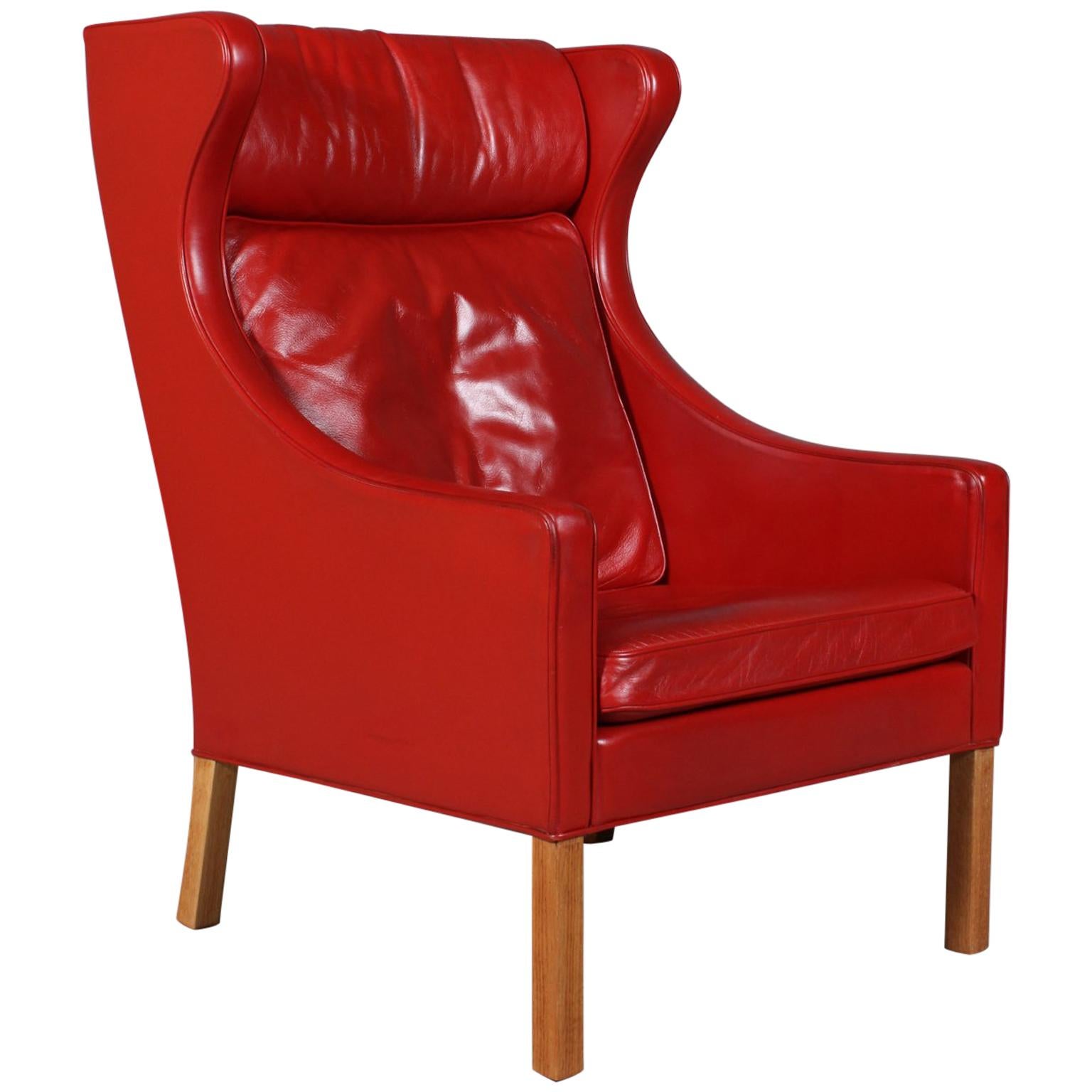Børge Mogensen Wingback Chair in Original Red Leather, Model 2204