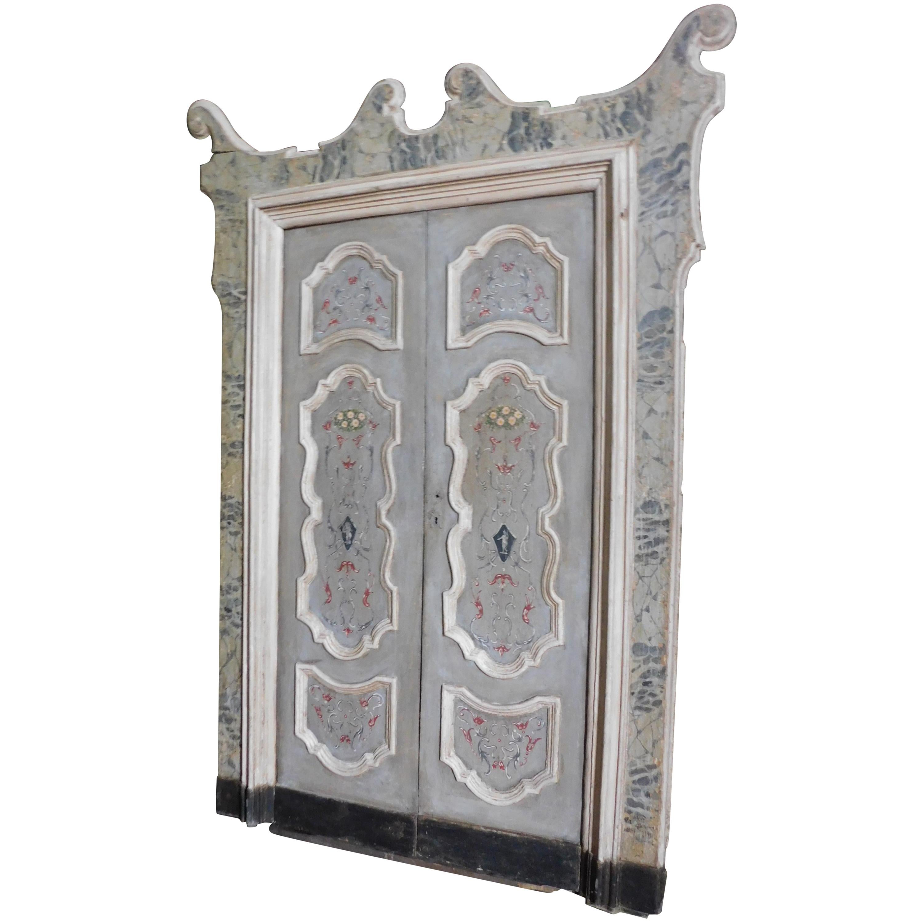 18th Century Antique Four Wood Lacquered Doors, Italy, Grey and Fake Marble For Sale