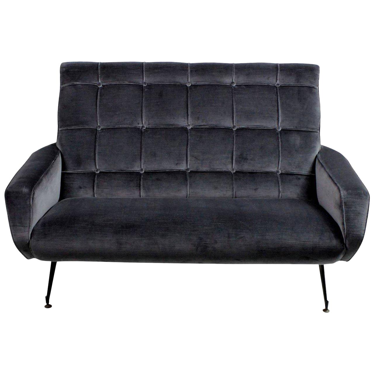 Italian Midcentury Sofa in Blue Buttoned Velvet