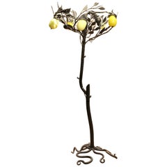 Vintage Italian Wrought Iron Tree Floor Lamp with Blown Glass Lemons Shape Shades, 1930s