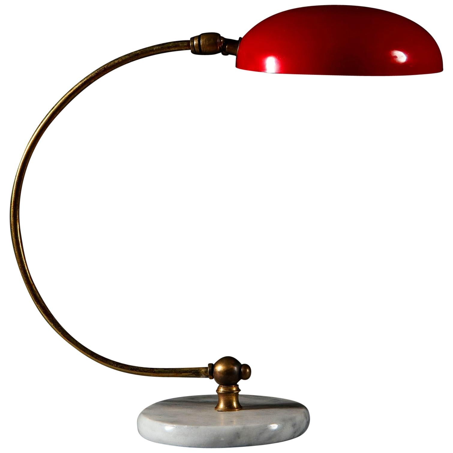 Mid-20th Century Curved Brass, Enamel and Carrara Marble Italian Desk Lamp