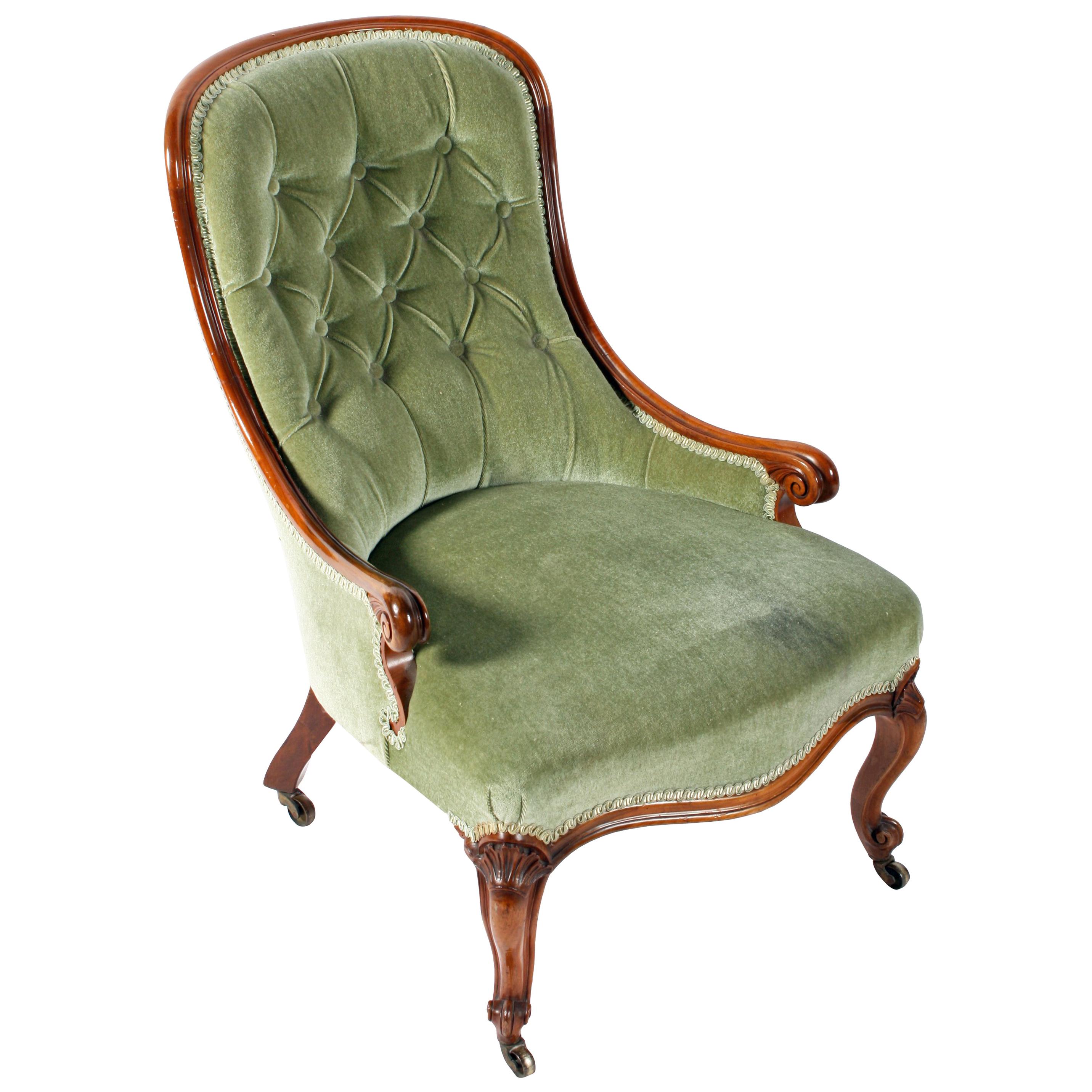 19th Century Victorian Walnut Slipper Shaped Easy Arm Chair For Sale