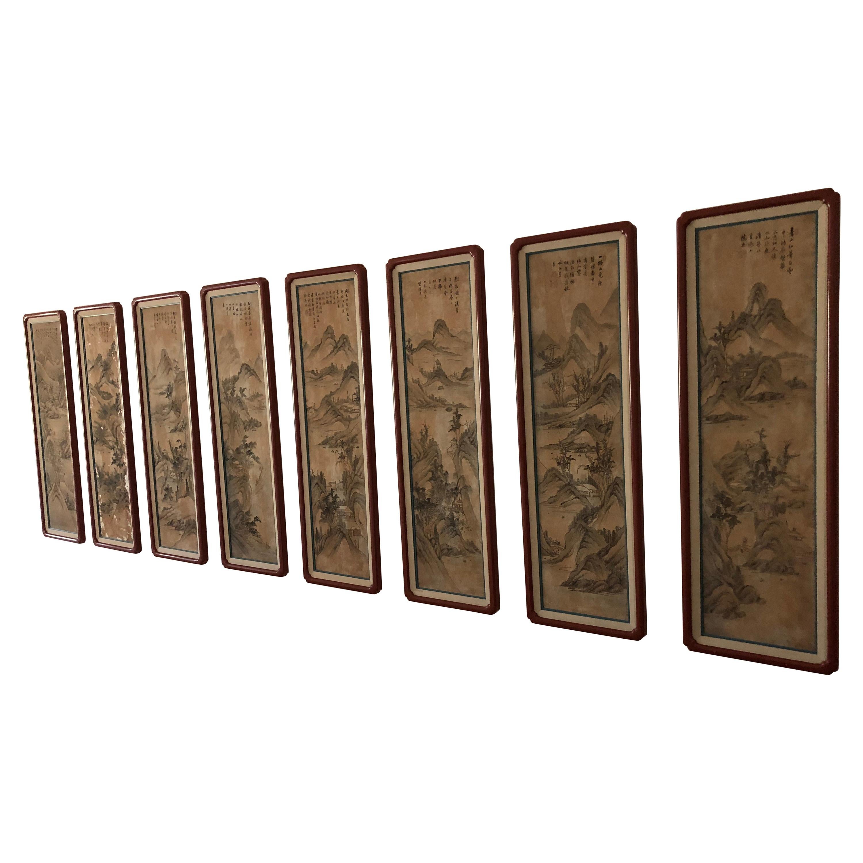 Suite of Eight Chinese Hand Painted Silk Panels For Sale