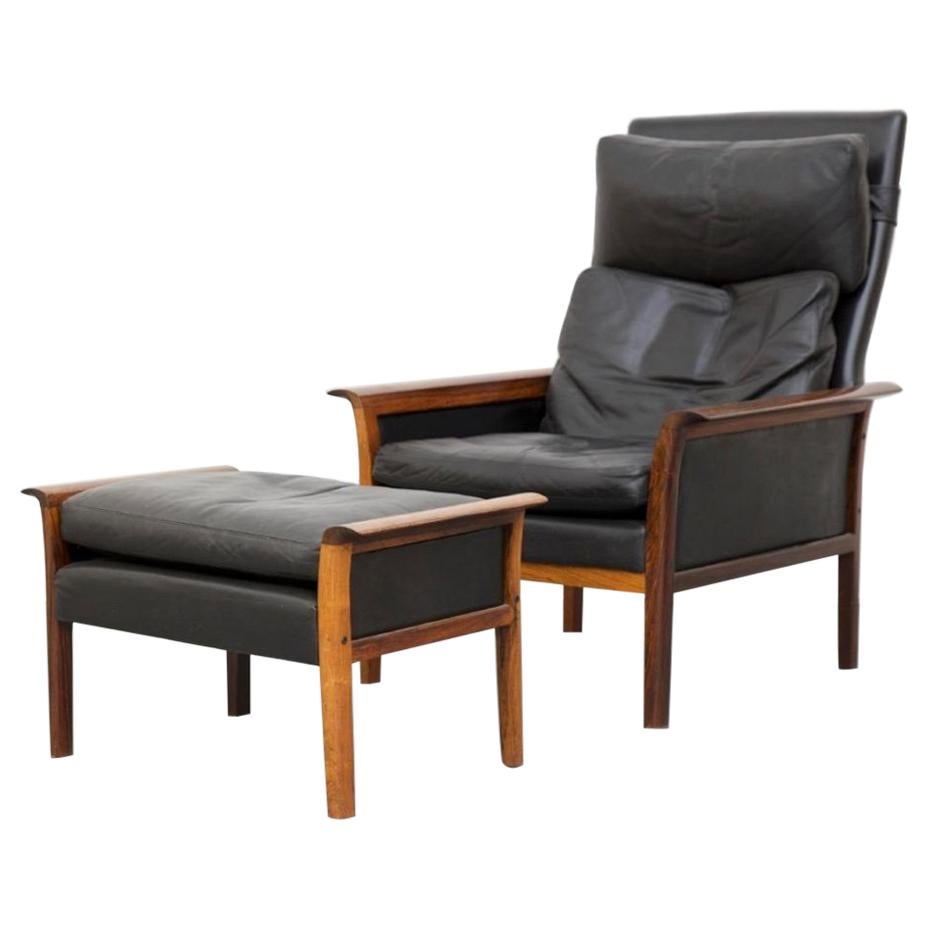 Hans Olsen for Vatne Mobler Lounge Chair and Ottoman in Leather and Rosewood