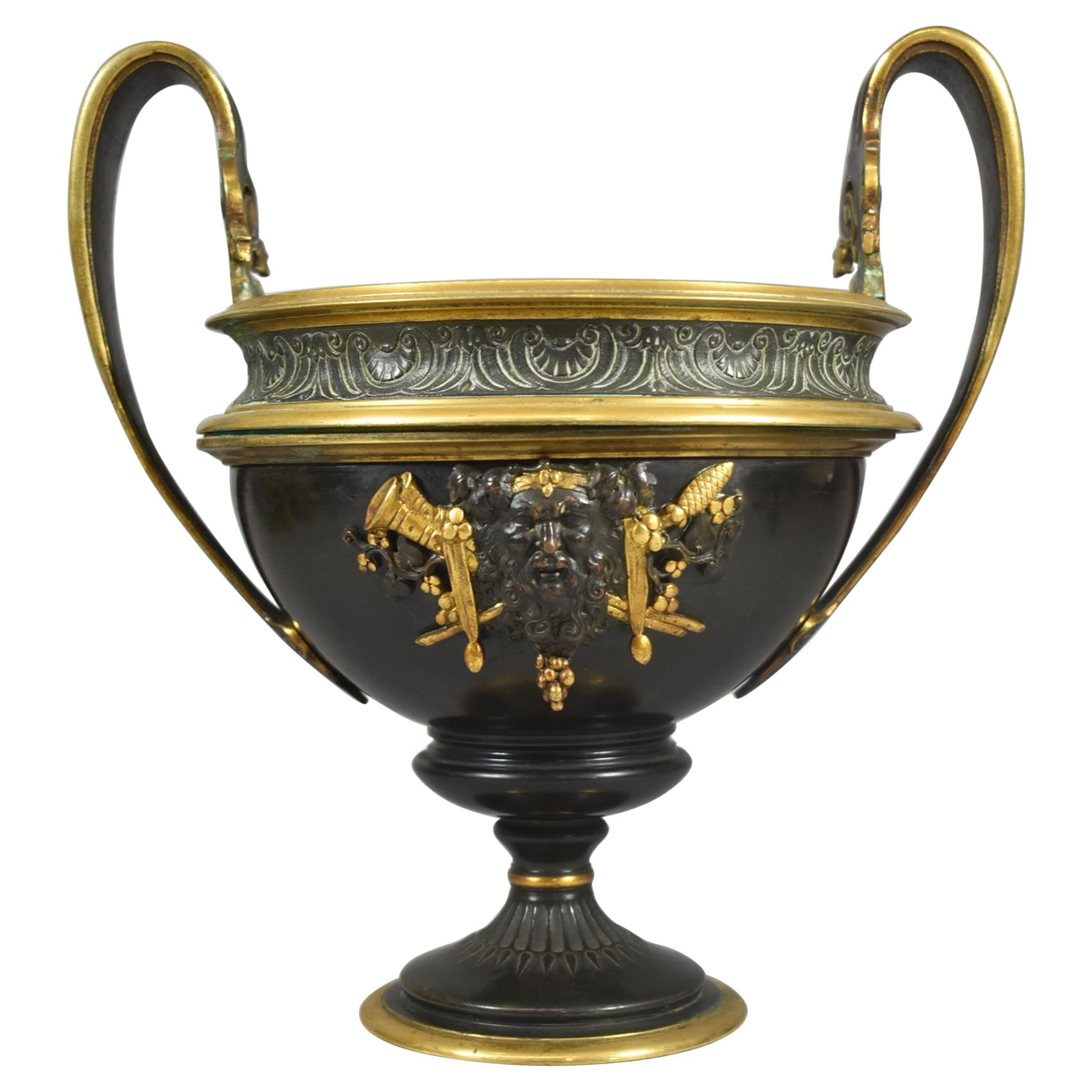 Brass Two Handled Compote Urn Figural Center Face