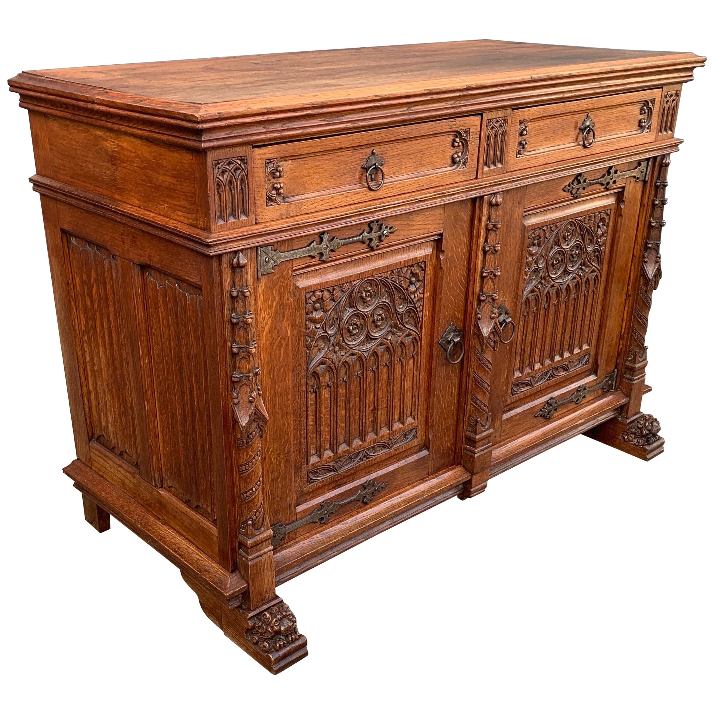 Stunning Gothic Revival Cabinet / Small Credenza with Hand Carved Church Windows