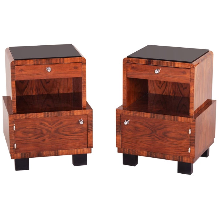 Pair Of Czech Artdeco Bed Side Tables High Gloss Walnut Black Glass 1930 1939