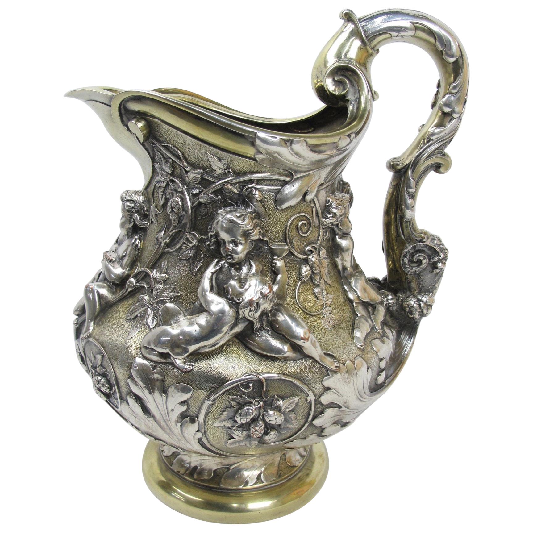 Large Ornate Putti Cavorting Among Hops Repousse Pitcher Elkington 19th Century For Sale