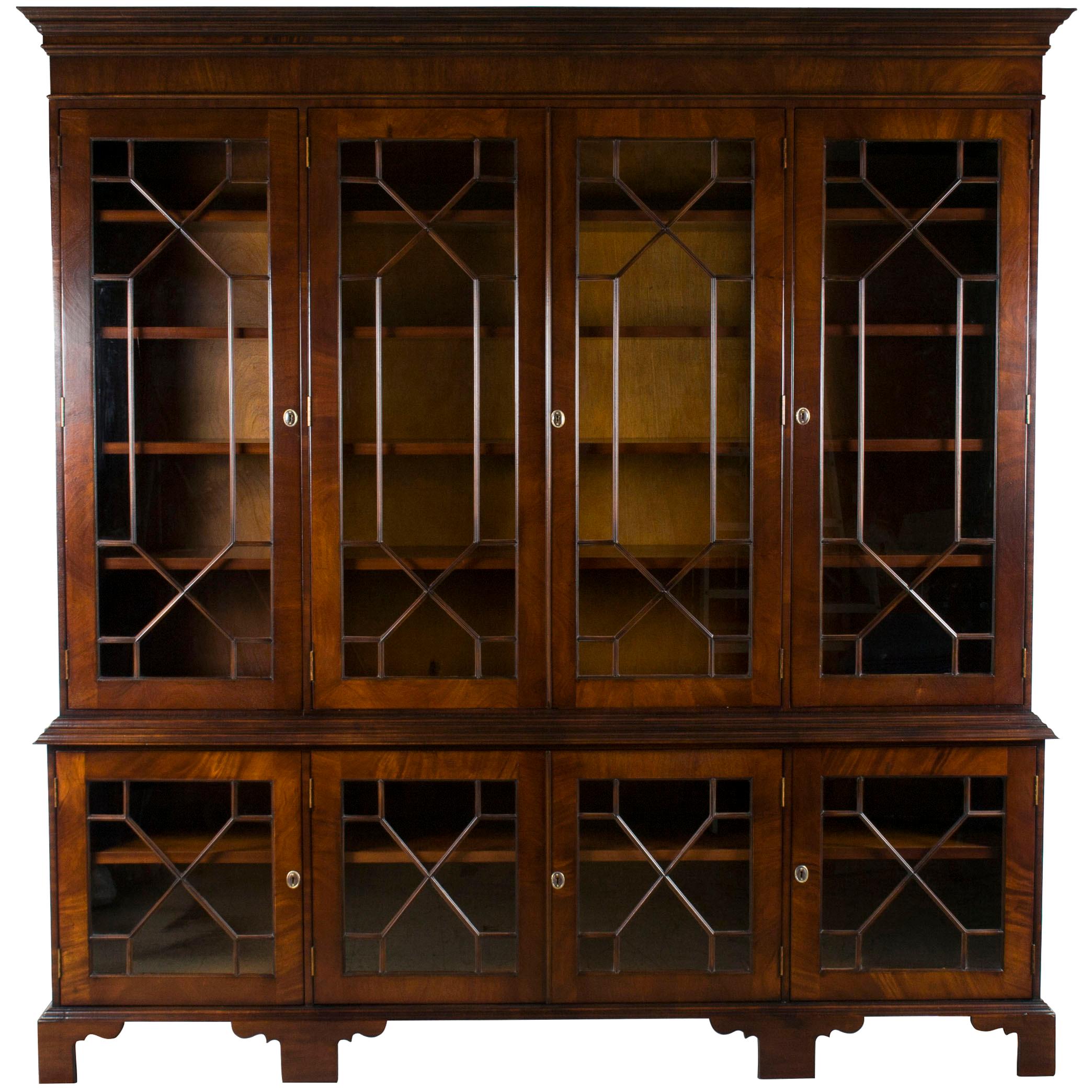 Large Mahogany Glass Door Breakfront Bookcase Cabinet