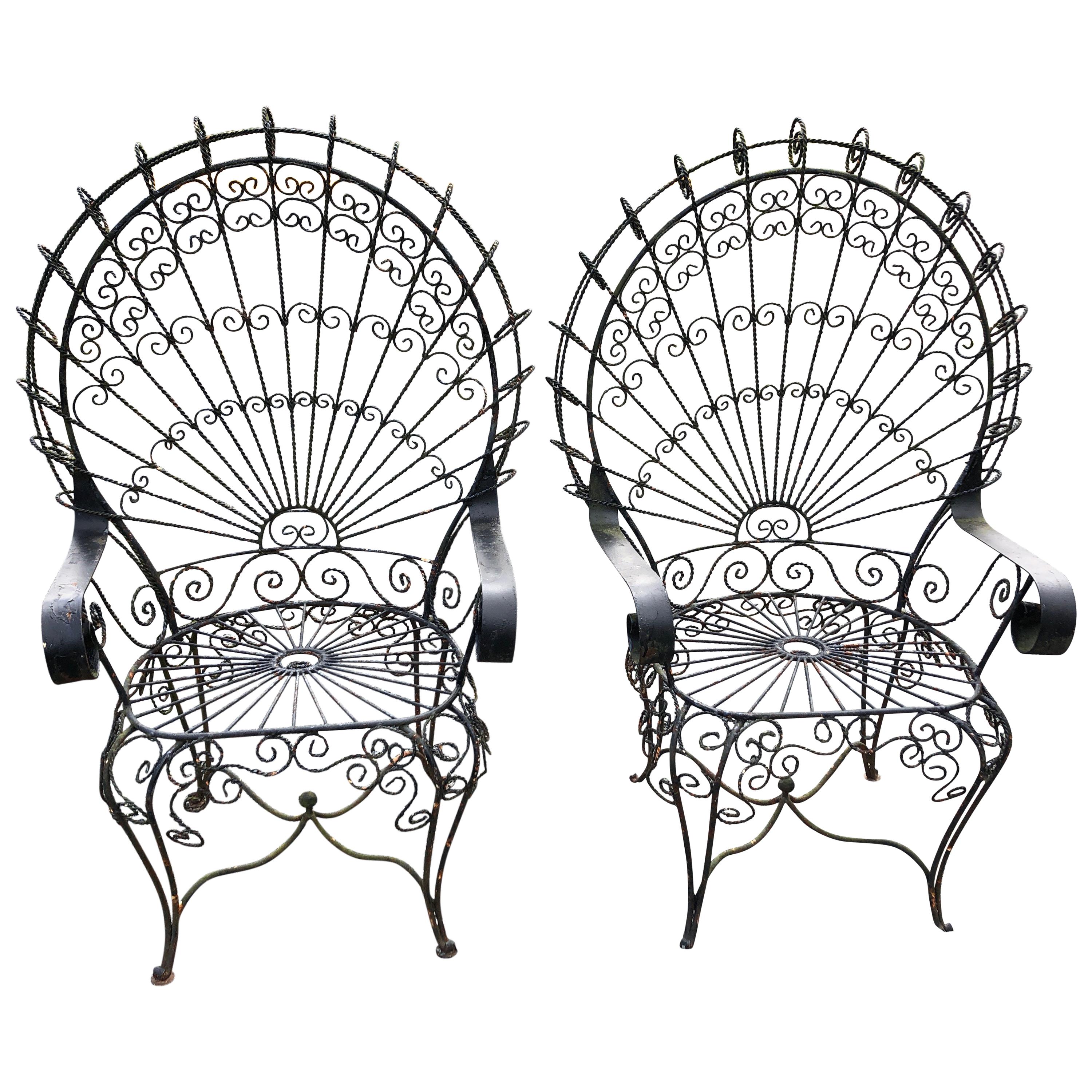Pair of Midcentury Salterini Wrought Iron Peacock Chairs