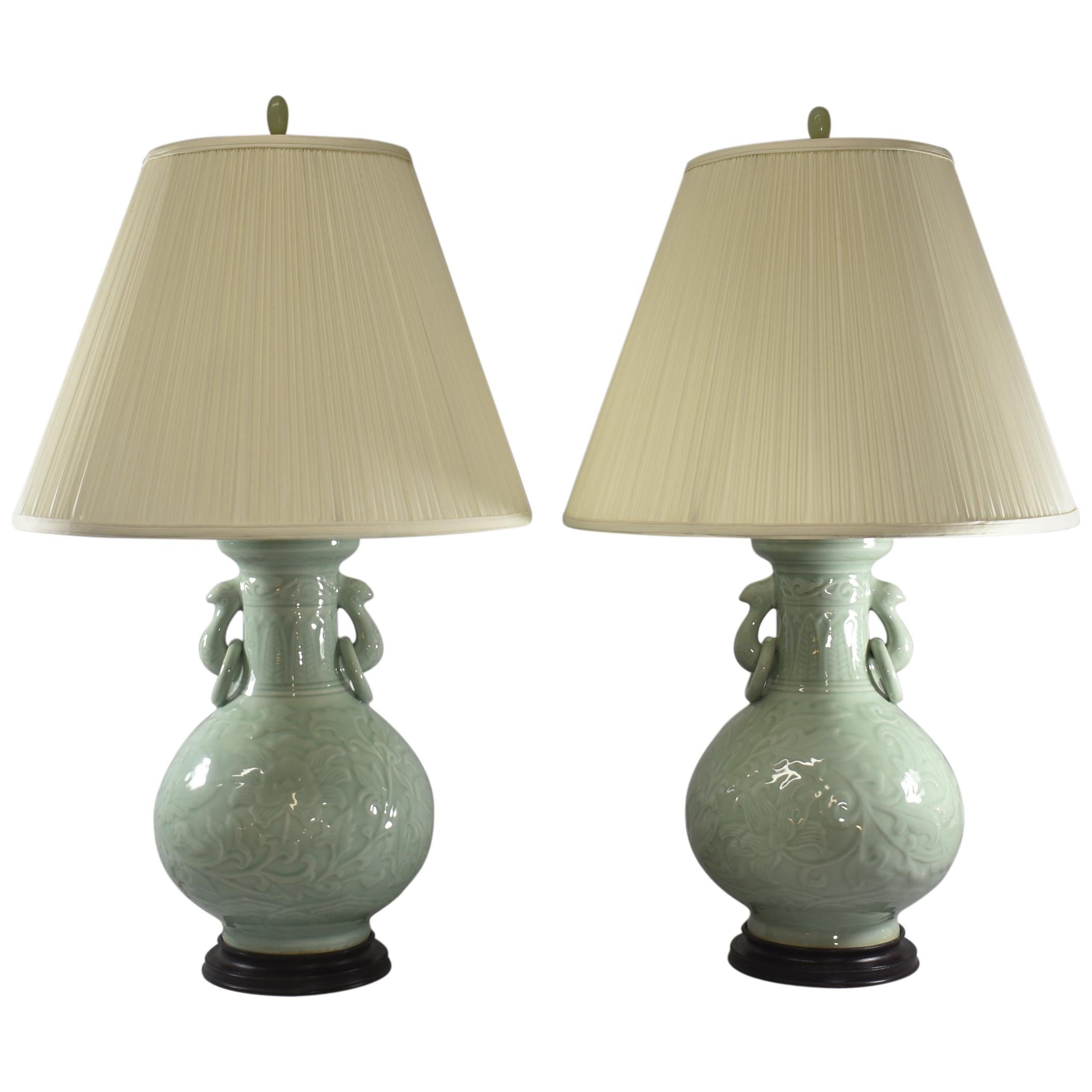 Pair of Celadon Antique Porcelain Asian Lamps, Wood Base, Floral Designs