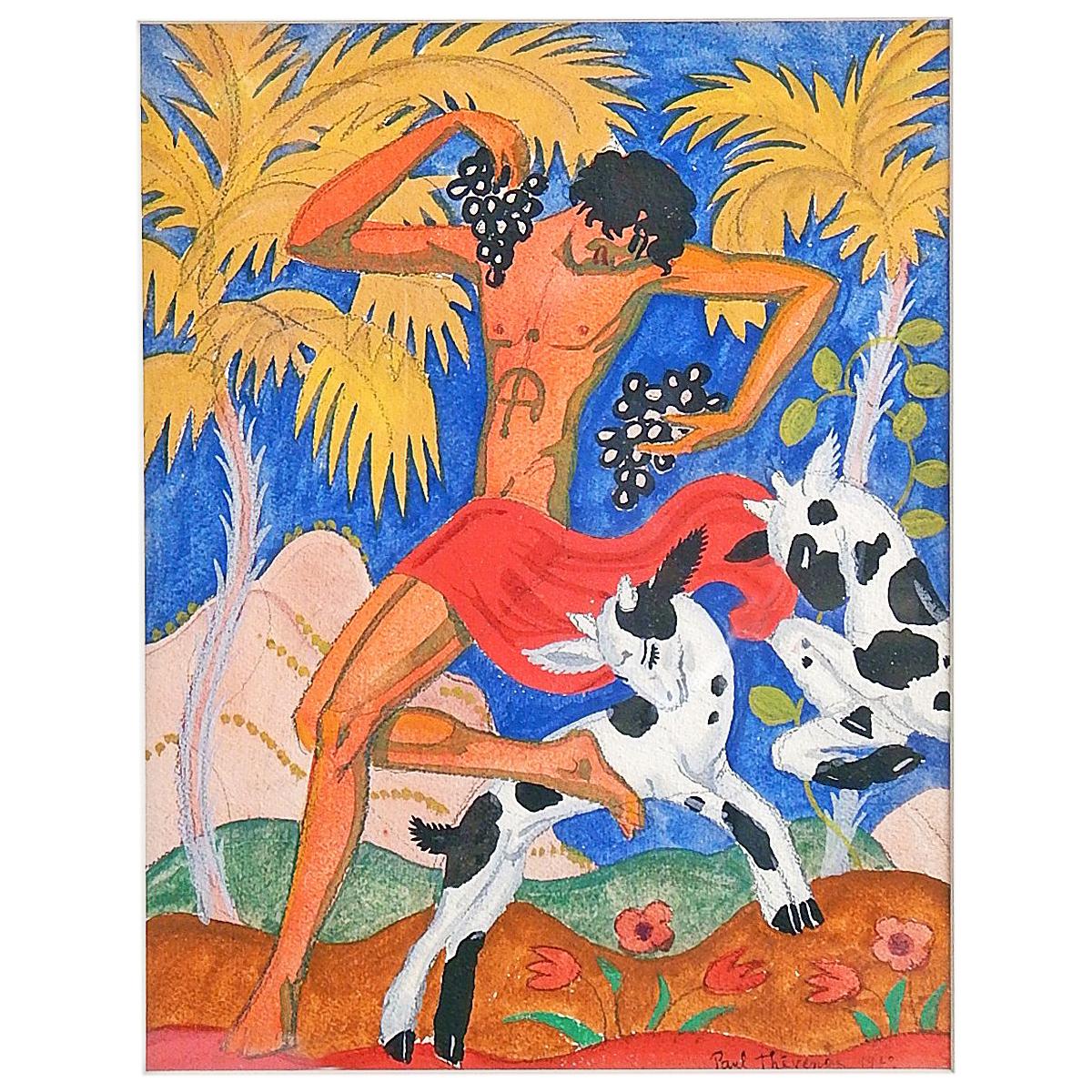 "Dancing Satyr with Spotted Goats, " Brilliant Art Deco Painting by Thévenaz