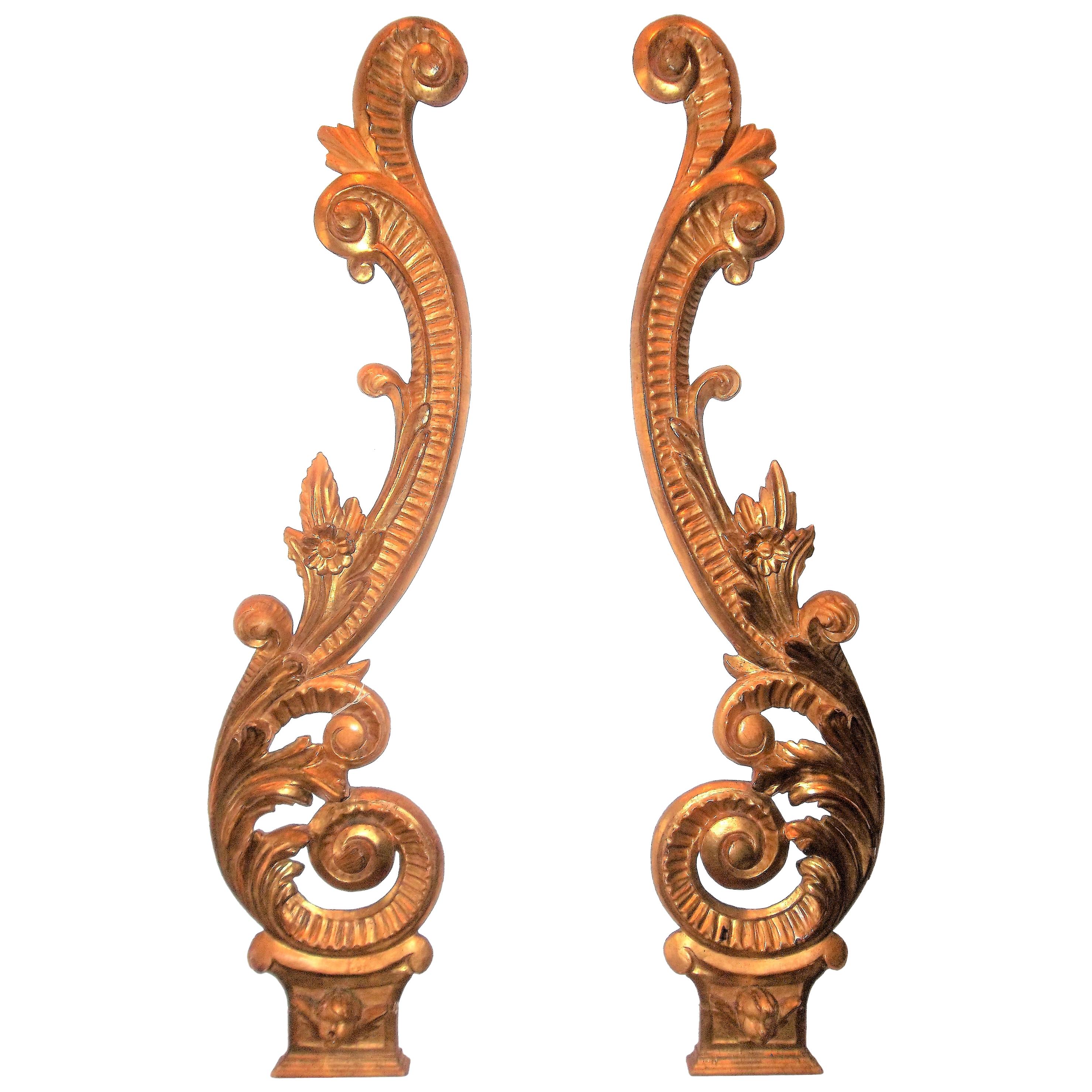 Pair of Tall Carved Louis XV Style Giltwood Boiserie Scrolls or Wall Appliques