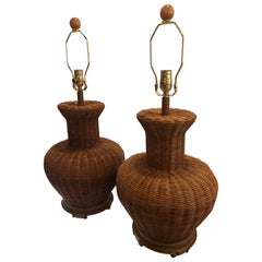 Vintage Pair of Oversized Wicker Ginger Jar Table Lamps 