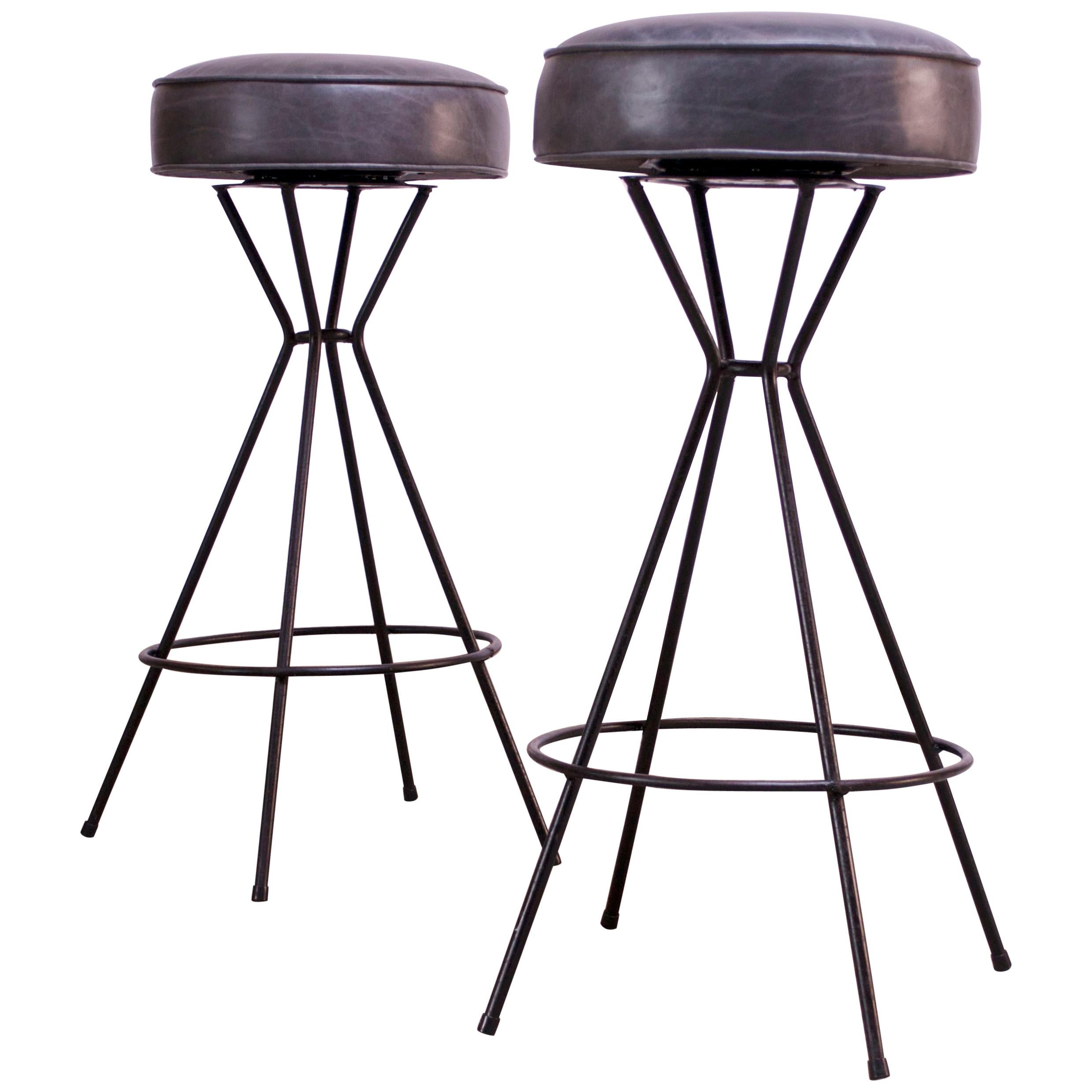 Pair of Mid-Century Modern Wrought Iron and Leather Swivel Bar Stools