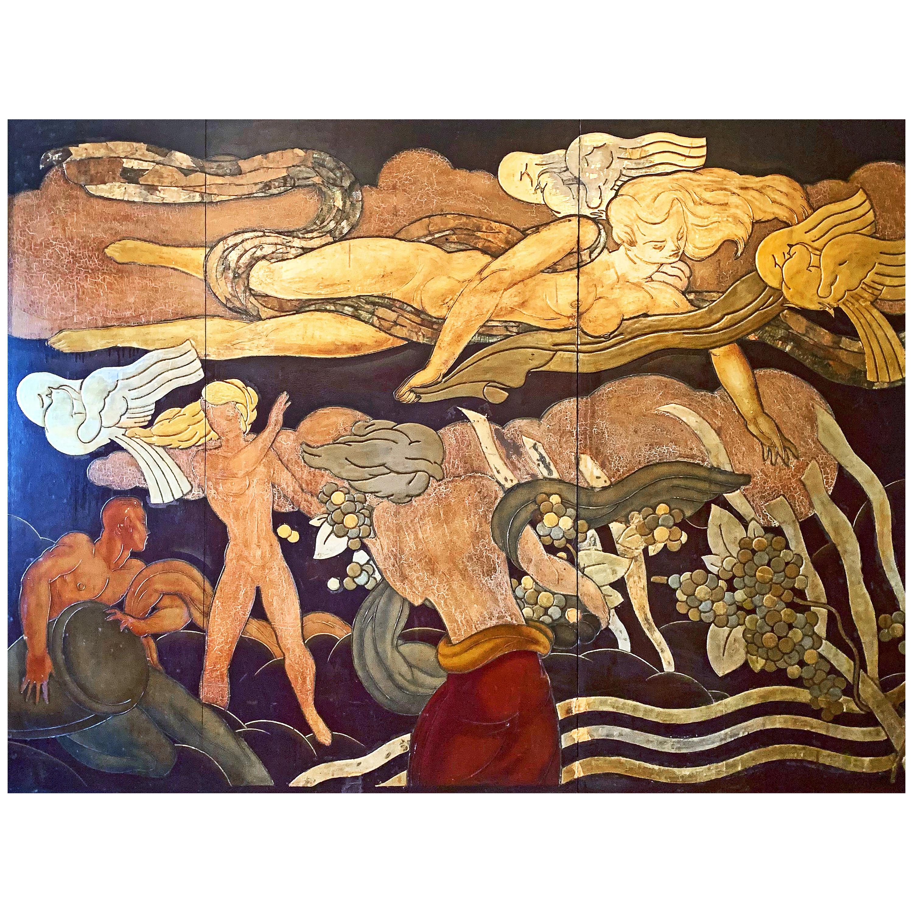 "Pomona with Rain and Lightning, " Monumental Art Deco Mural in Gold and Bronze