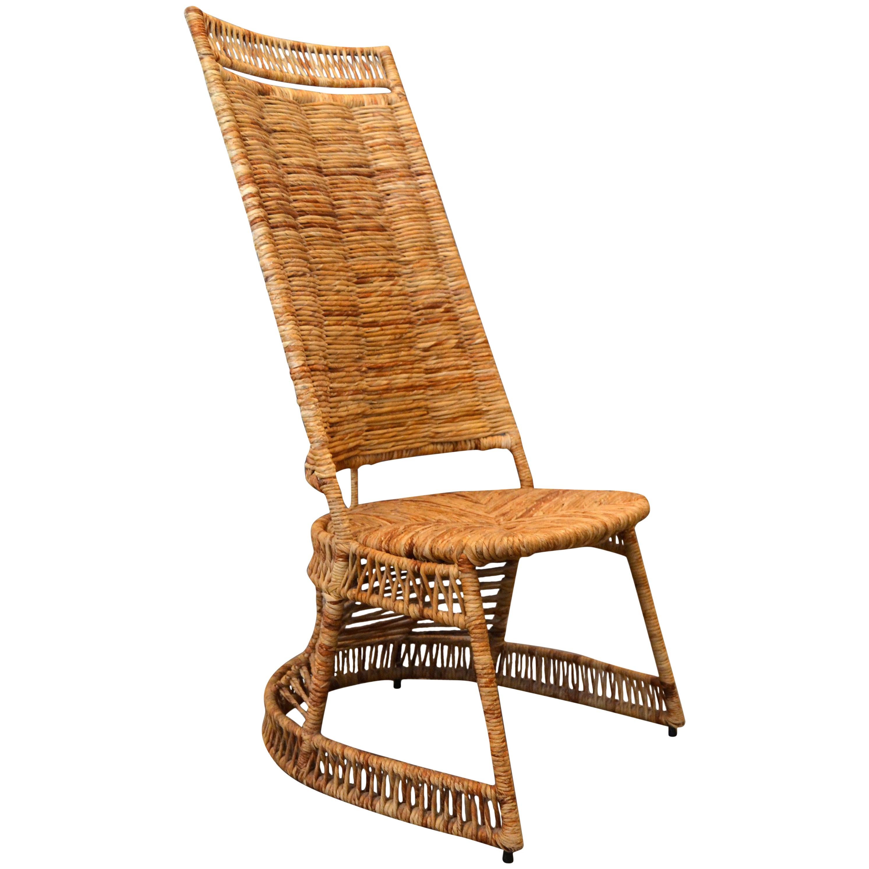 Vintage Entirely Handwoven Sculptural Cane and Rattan Side Chair with Rush Seat