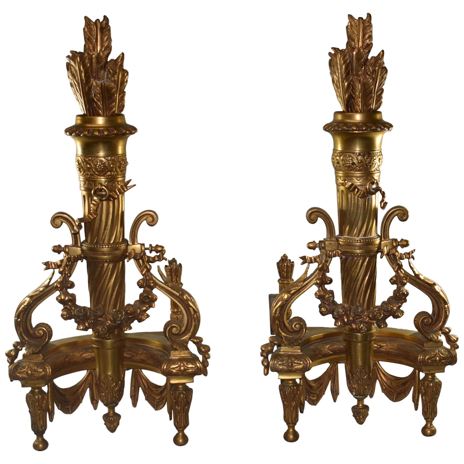 Pair of French Andirons Arrows and Quiver Gold Dore' For Sale