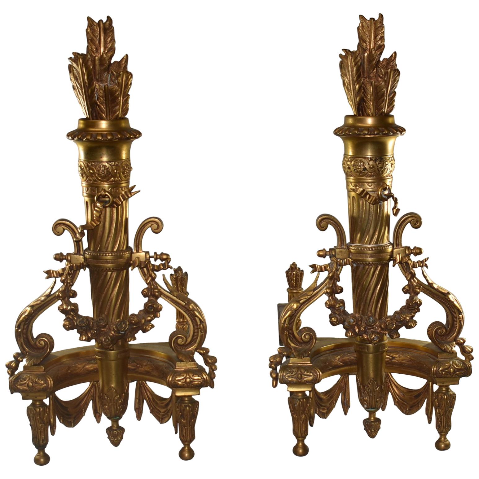 Paire de chenets français Flèches et carquois Dore doré