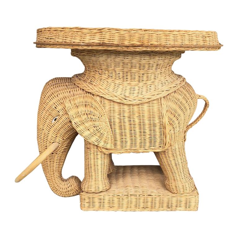 Vintage Boho Wicker Rattan Elephant Side Table Style of Mario Lopez