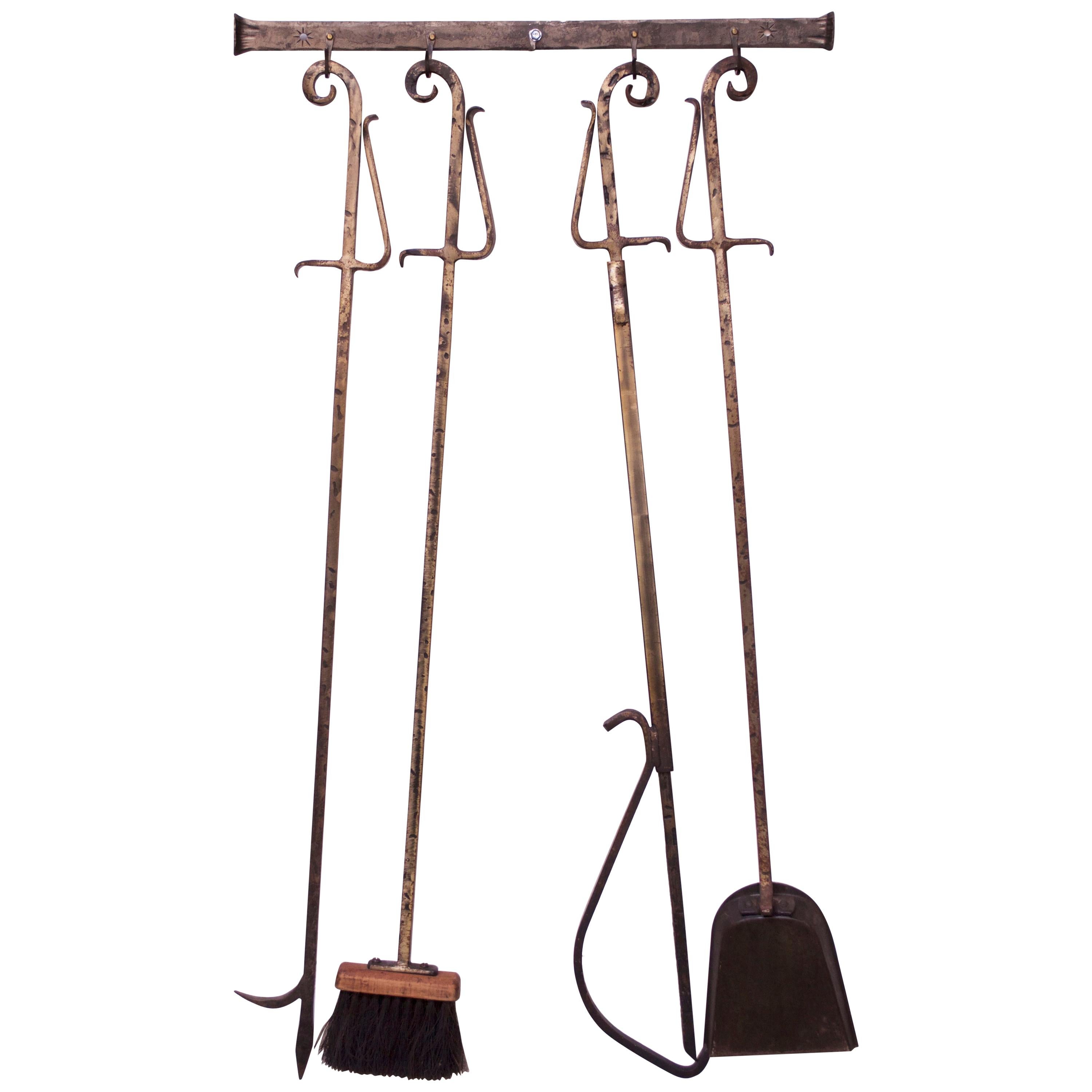 Brutalist-Style Hammered and Painted Iron Fire Tools with Wall-mounted Holder
