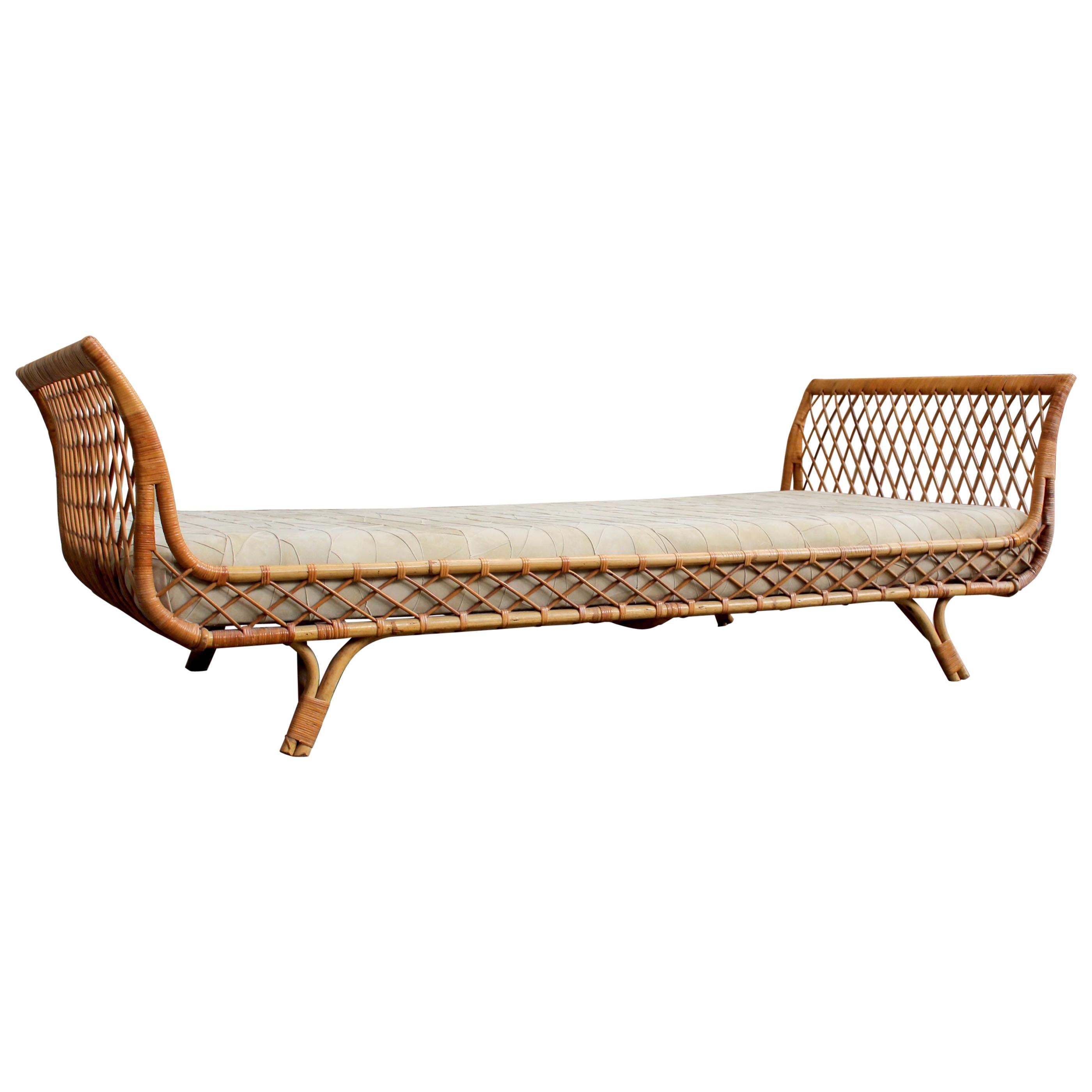 Daybed Rattan and Velvet Calf in the Spirit of Jean Royere