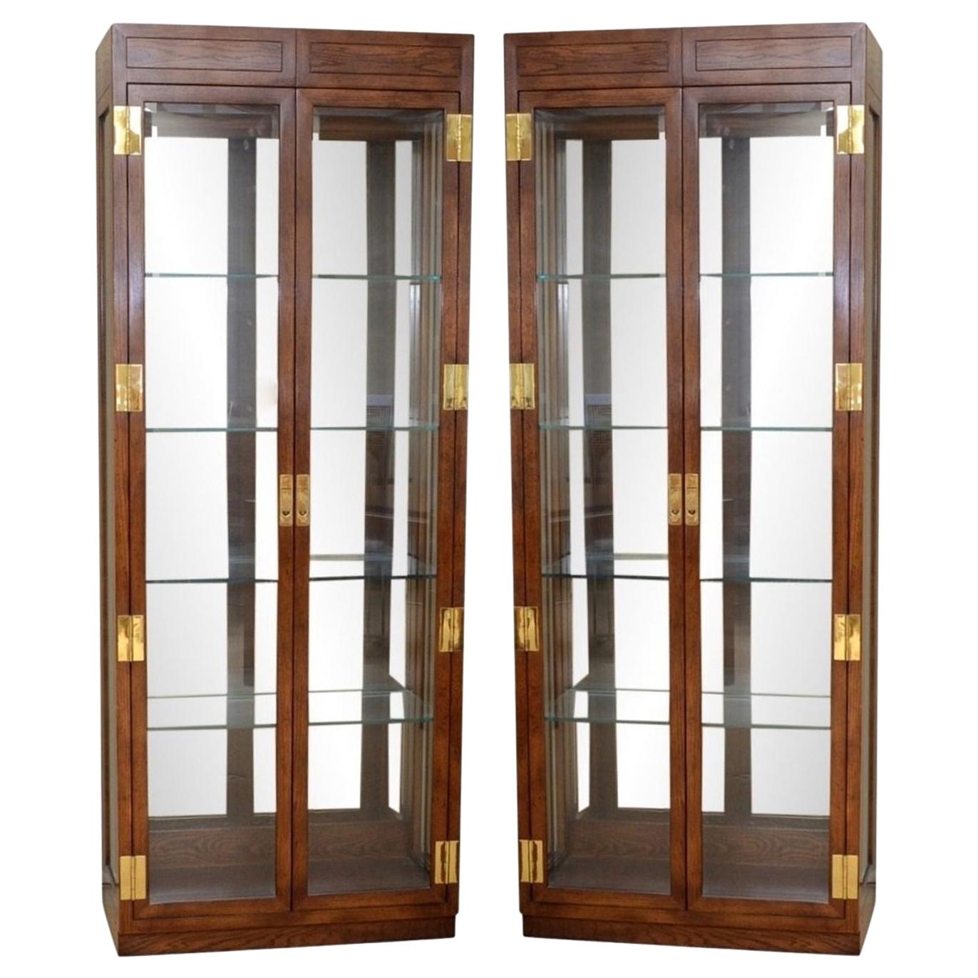 Pair of Campaign Style Curio Display Cabinets by Henredon