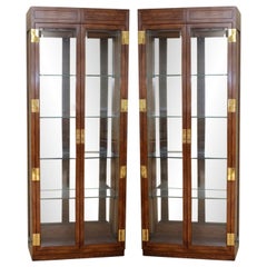 Pair of Campaign Style Curio Display Cabinets by Henredon