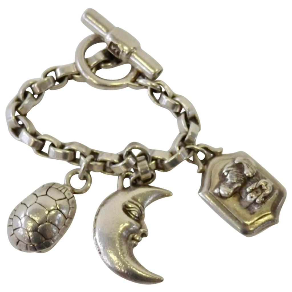 Kieselstein Cord Sterling Silver Toggle Dog Moon Turtle Charm Bracelet
