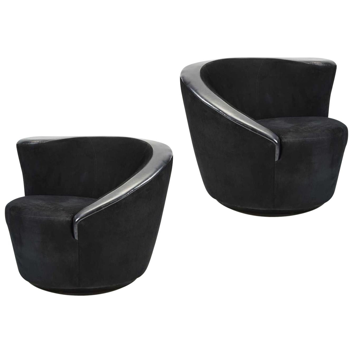 Black on Black Upholstered Pair Vladimir Kagan Nautilus Swivel Chairs
