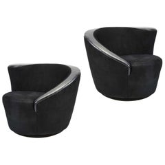 Black on Black Upholstered Pair Vladimir Kagan Nautilus Swivel Chairs