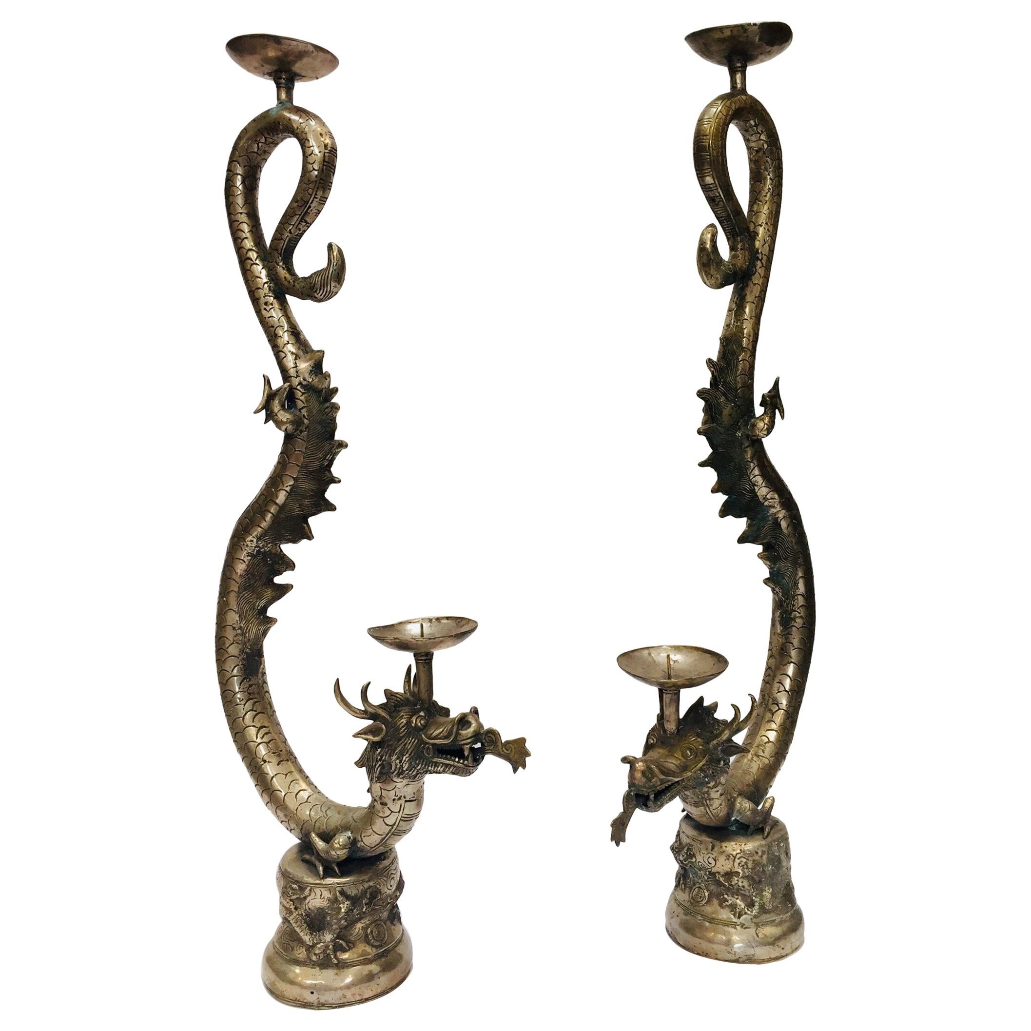 Set of Two Large Silvered Cast Metal Candle Stands Asian Dragons Sculptures